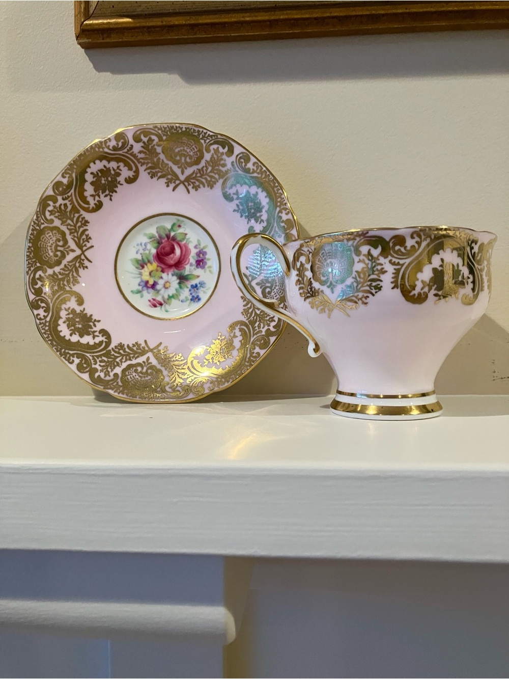 Vintage Paragon “double warrant” bone china teacup& saucer gold &pink with roses